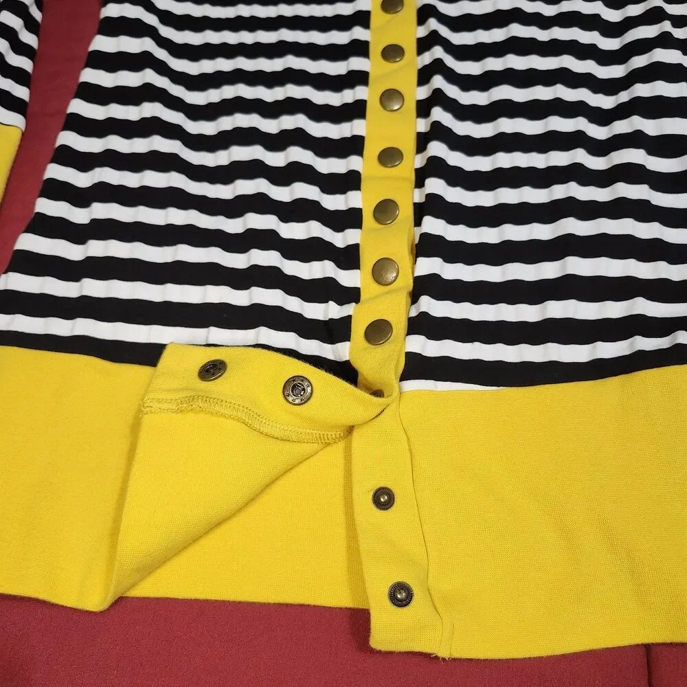 Tickled Teal Striped Snap Front Cardigan Black White Yellow Hipster M (Small) - Picture 9 of 11
